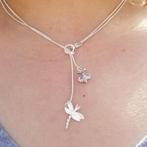 Sterling Silver White Sapphire Bee & Dragonfly Lariat Necklace, April Birthstone